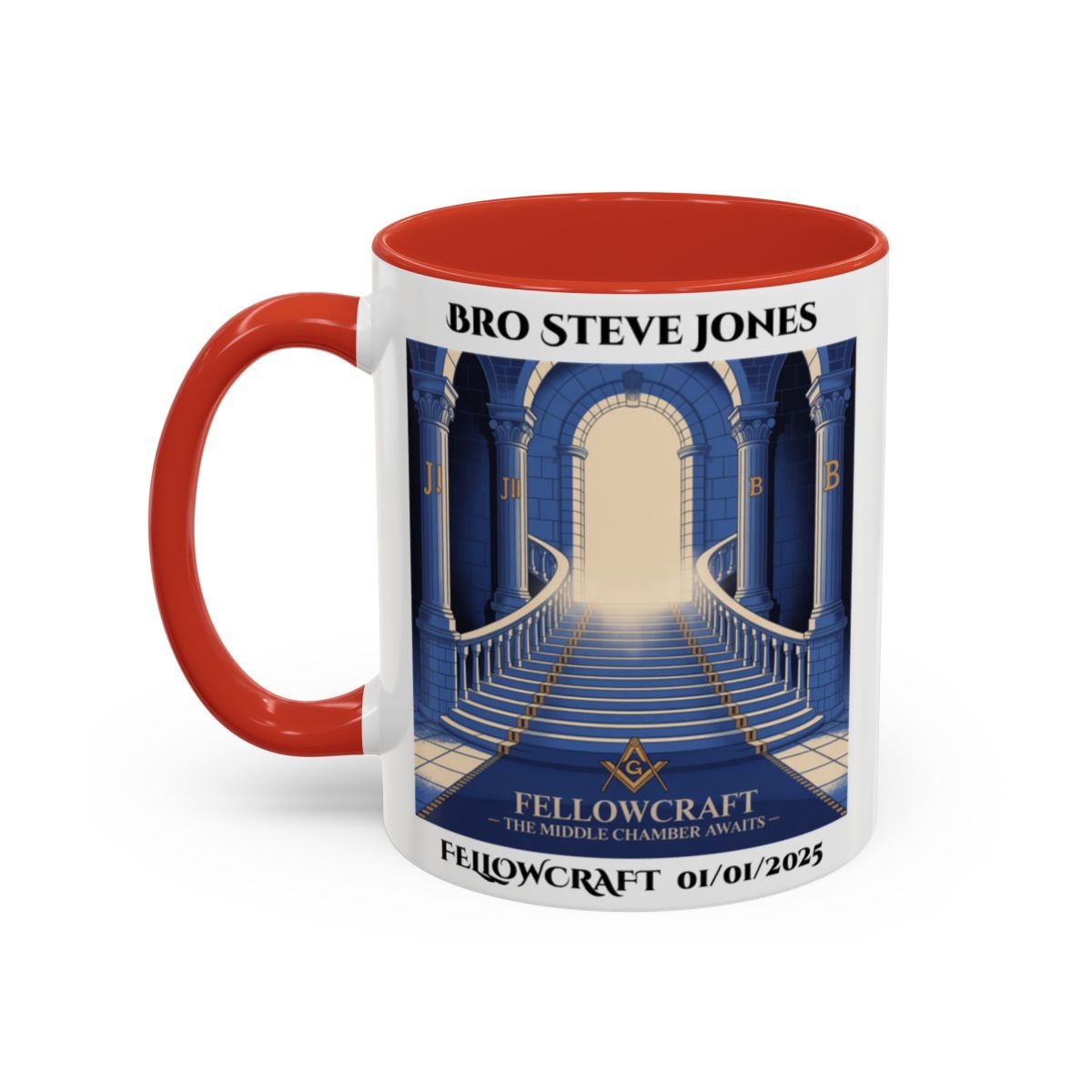 Premium Personalised Freemason Colour Rim Mug - Fellowcraft - The middle chamber awaits - Masonic Mugs