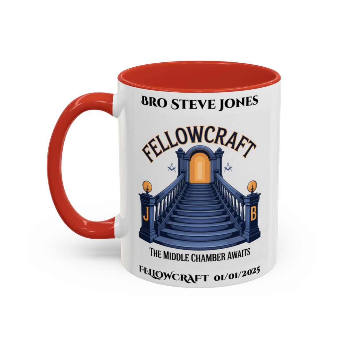 Premium Personalised Freemason Colour Rim Mug - Fellowcraft - The Middle Chamber Awaits - Masonic Mugs