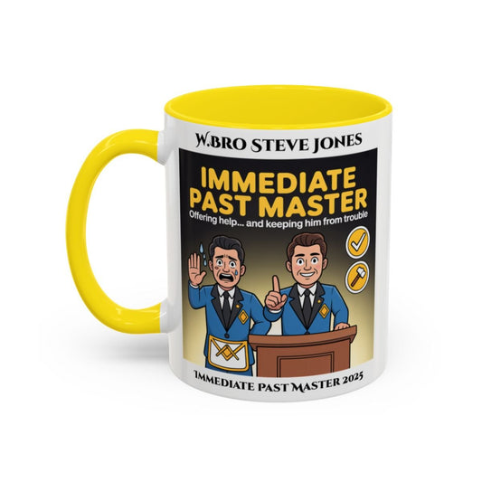 Premium Personalised Freemason Colour Rim Mug - Immediate Past Master Design - Offering help and keeping him from trouble - Masonic Mugs