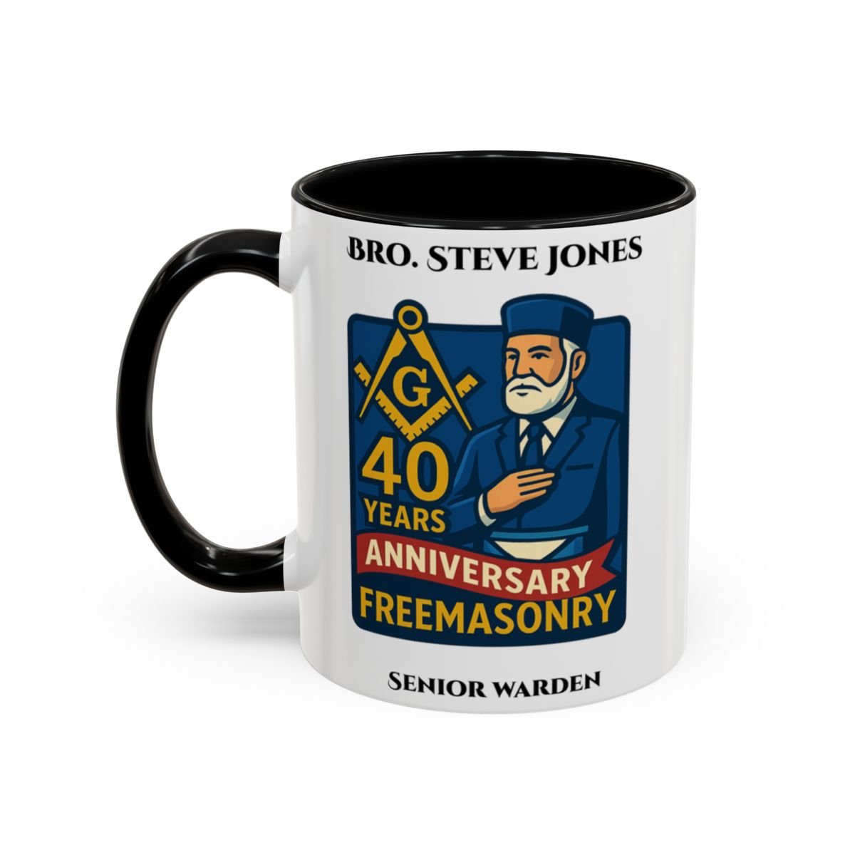 Premium Personalised Freemason Colour Rim Mug - Individual 40 years service - Masonic Mugs
