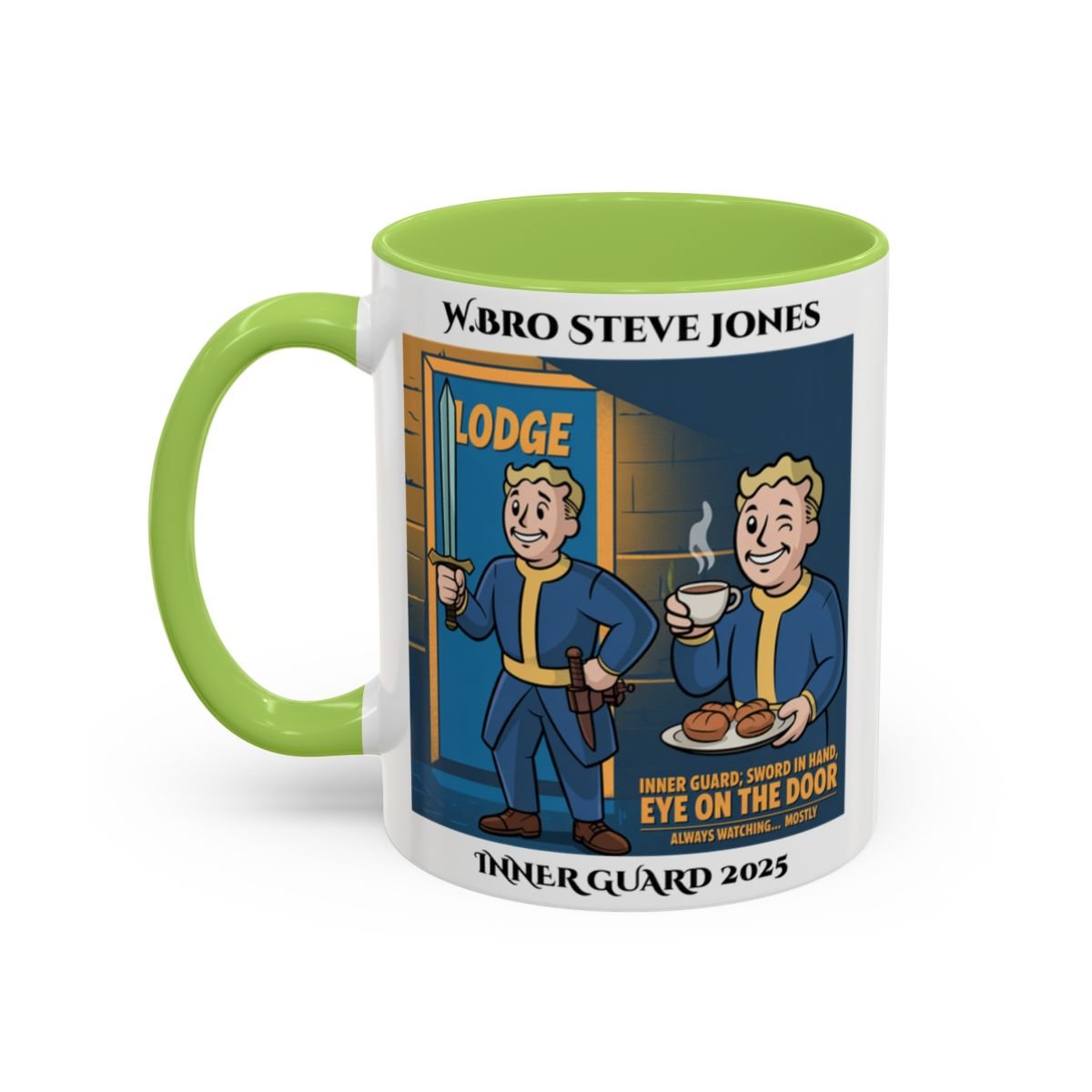 Premium Personalised Freemason Colour Rim Mug - Inner Guard Design - Sword in Hand Eye on the Door - Masonic Mugs