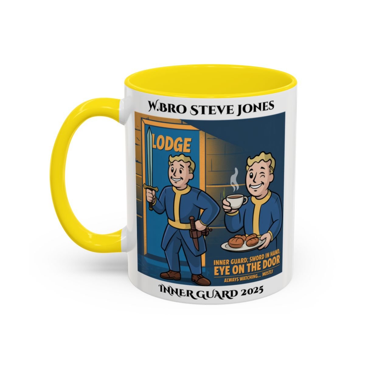 Premium Personalised Freemason Colour Rim Mug - Inner Guard Design - Sword in Hand Eye on the Door - Masonic Mugs