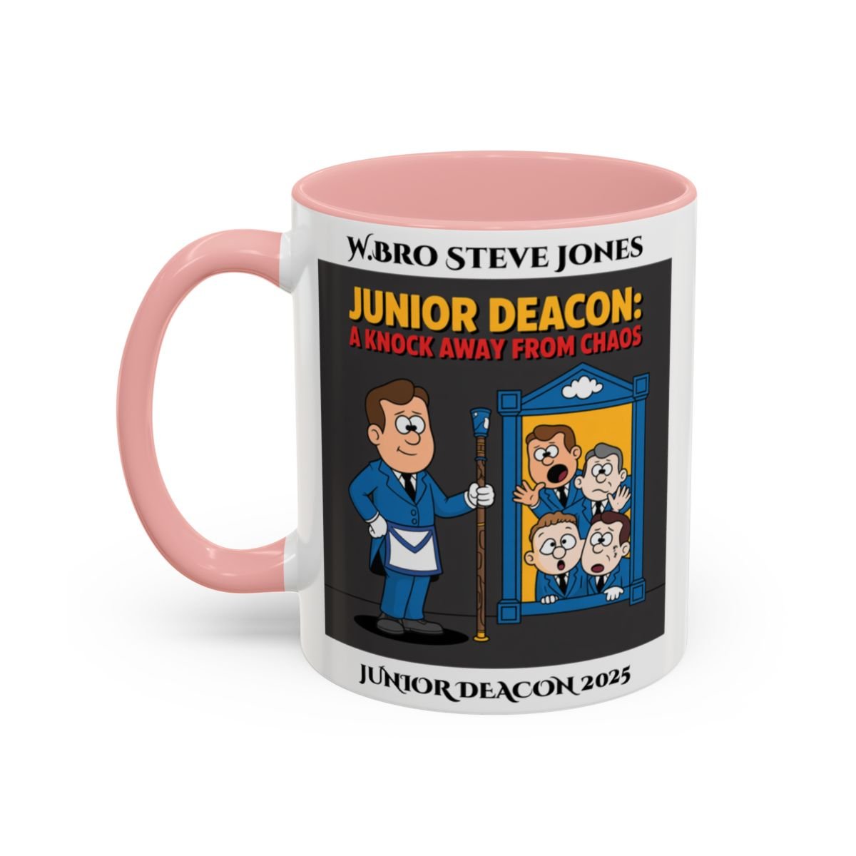 Premium Personalised Freemason Colour Rim Mug - Junior Deacon Design - A knock away from Chaos - Masonic Mugs