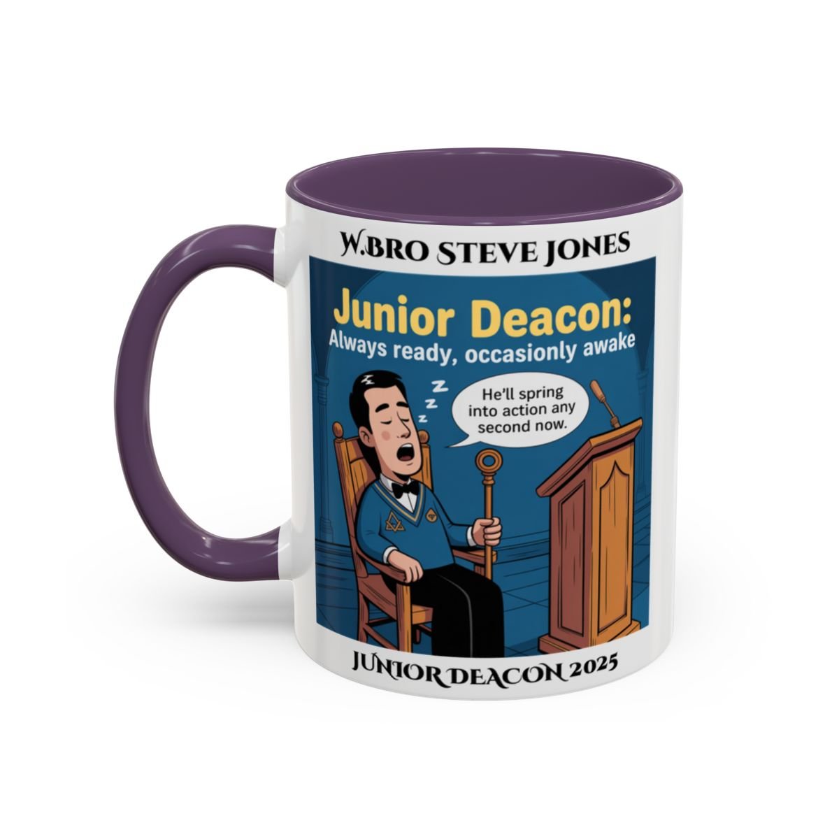 Premium Personalised Freemason Colour Rim Mug - Junior Deacon Design - Always Ready, Occasionaly Awake - Masonic Mugs