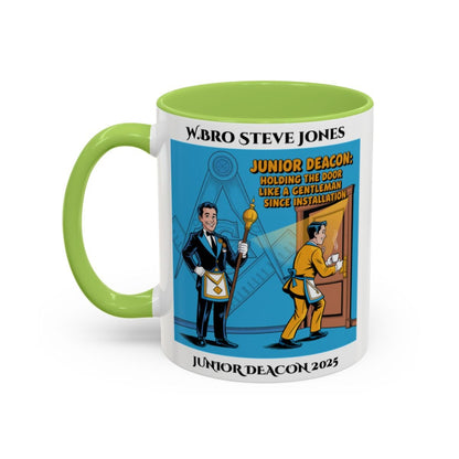 Premium Personalised Freemason Colour Rim Mug - Junior Deacon Design - Holding the door like a gentleman since installation - Masonic Mugs