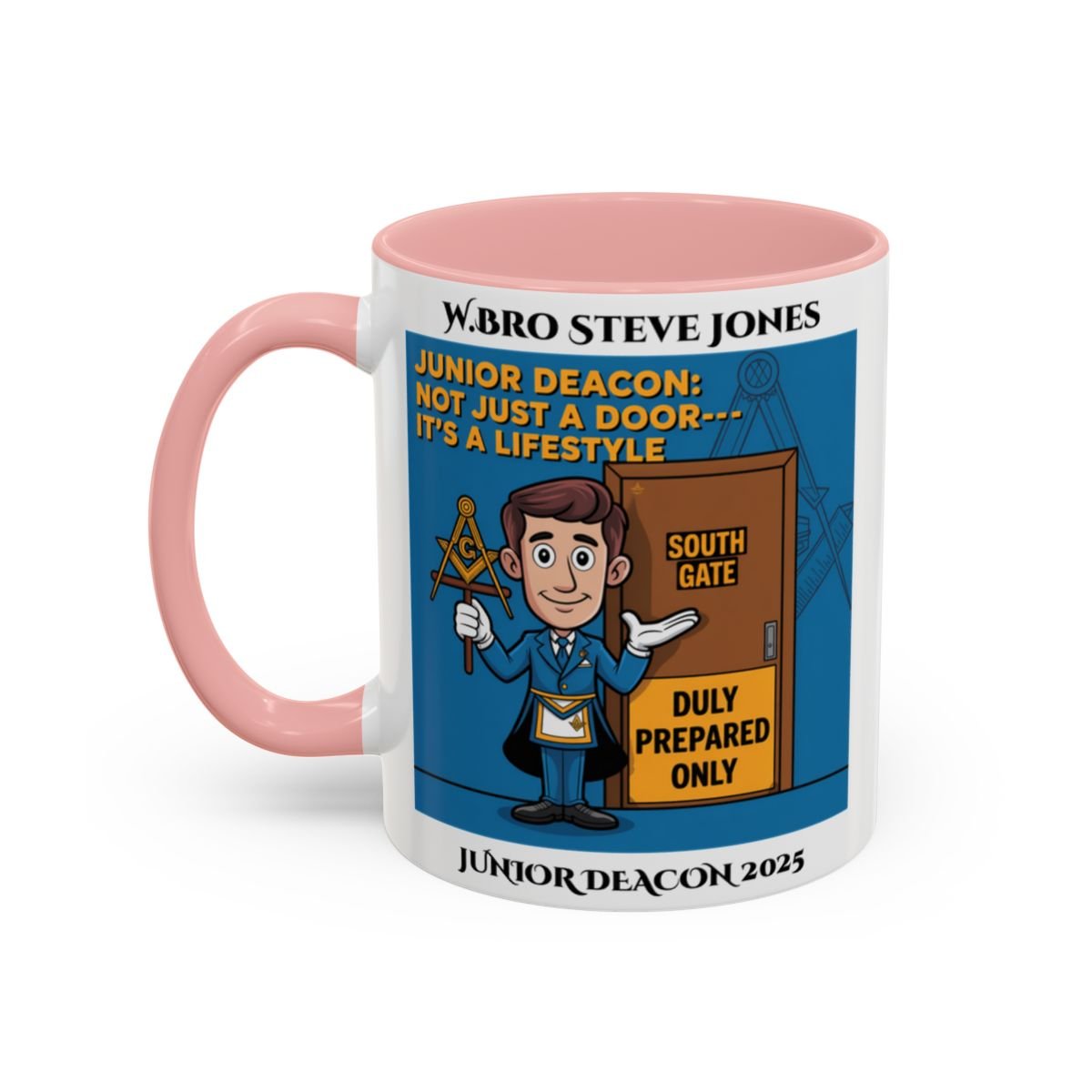 Premium Personalised Freemason Colour Rim Mug - Junior Deacon Design - Not just a door it's a lifestyle - Masonic Mugs