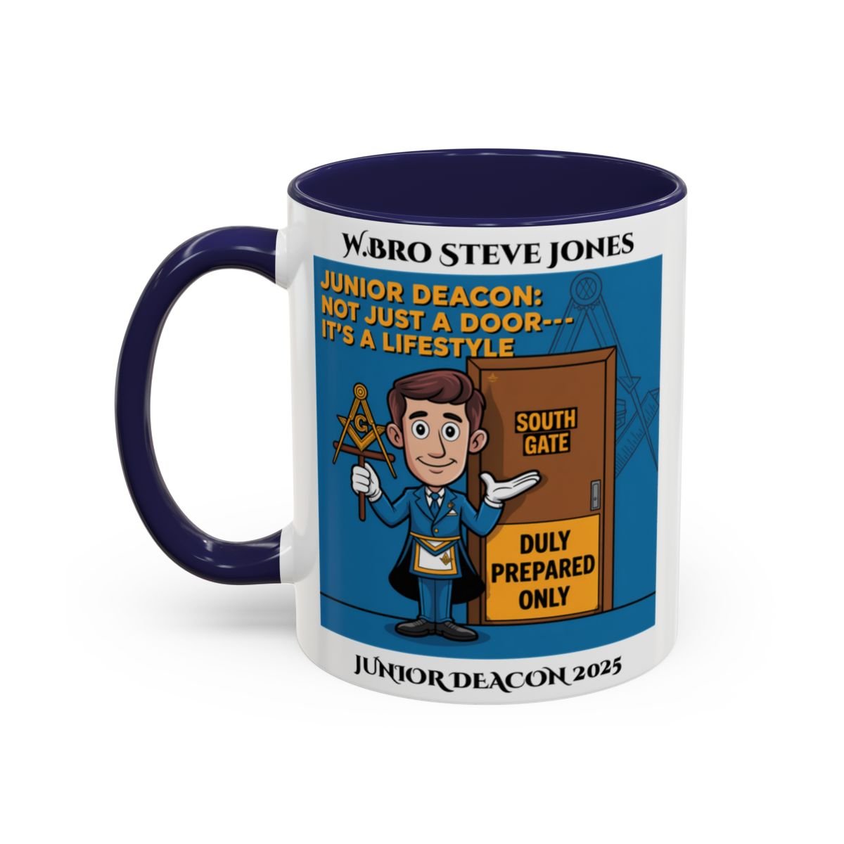 Premium Personalised Freemason Colour Rim Mug - Junior Deacon Design - Not just a door it's a lifestyle - Masonic Mugs