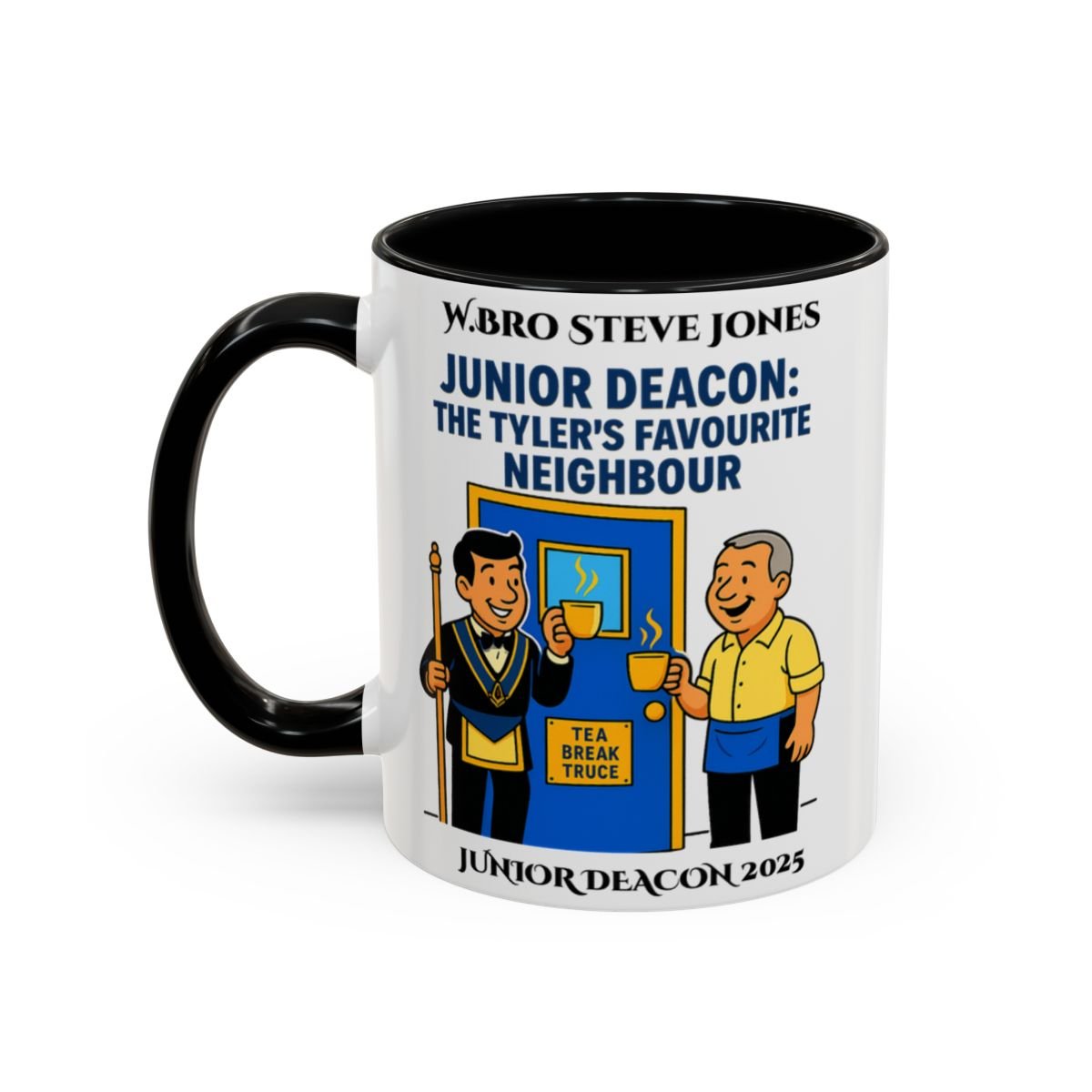 Premium Personalised Freemason Colour Rim Mug - Junior Deacon Design - The Tylers favourite neighbour - Masonic Mugs