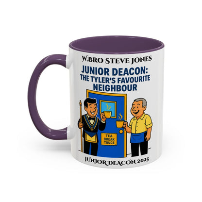 Premium Personalised Freemason Colour Rim Mug - Junior Deacon Design - The Tylers favourite neighbour - Masonic Mugs