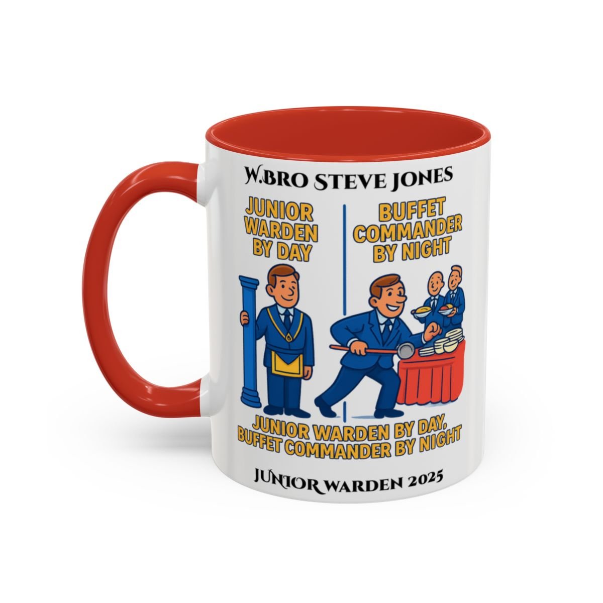 Premium Personalised Freemason Colour Rim Mug - Junior Warden Design - Buffet Comander by Night - Masonic Mugs