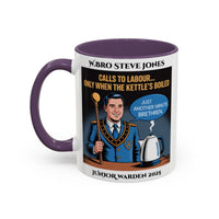 Premium Personalised Freemason Colour Rim Mug - Junior Warden Design - Calls to Labour only when the kettle has boiled - Masonic Mugs
