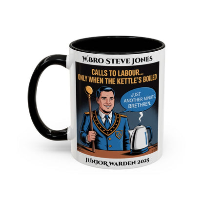 Premium Personalised Freemason Colour Rim Mug - Junior Warden Design - Calls to Labour only when the kettle has boiled - Masonic Mugs