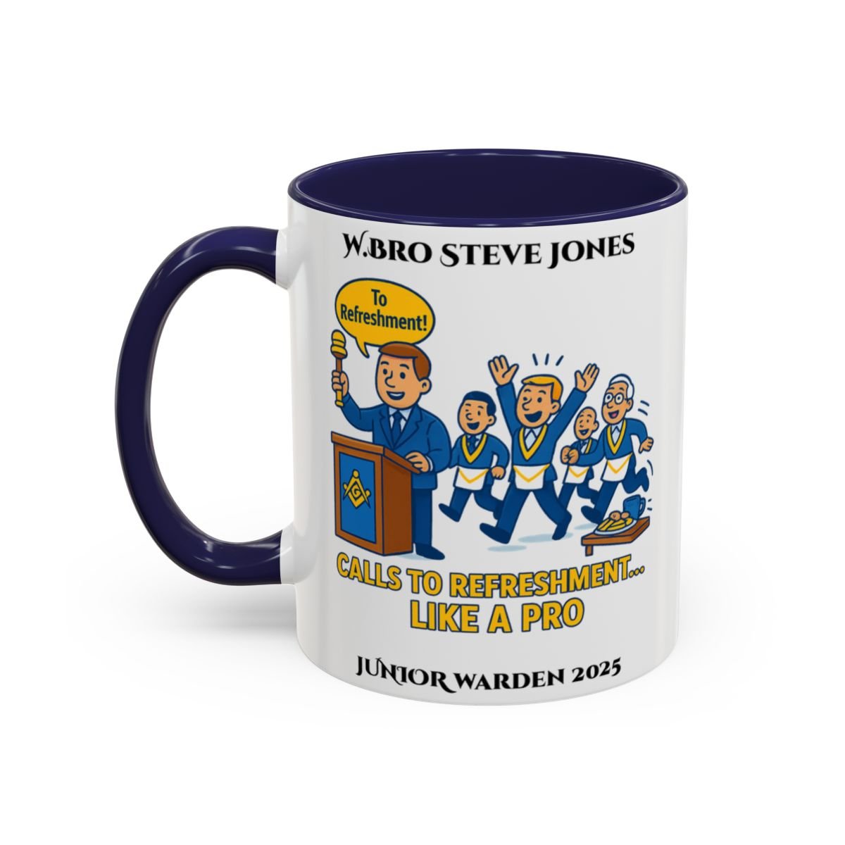 Premium Personalised Freemason Colour Rim Mug - Junior Warden Design - Calls to refreshment like a pro - Masonic Mugs