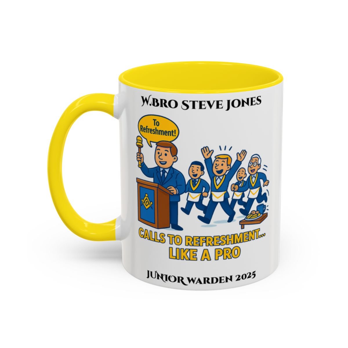 Premium Personalised Freemason Colour Rim Mug - Junior Warden Design - Calls to refreshment like a pro - Masonic Mugs