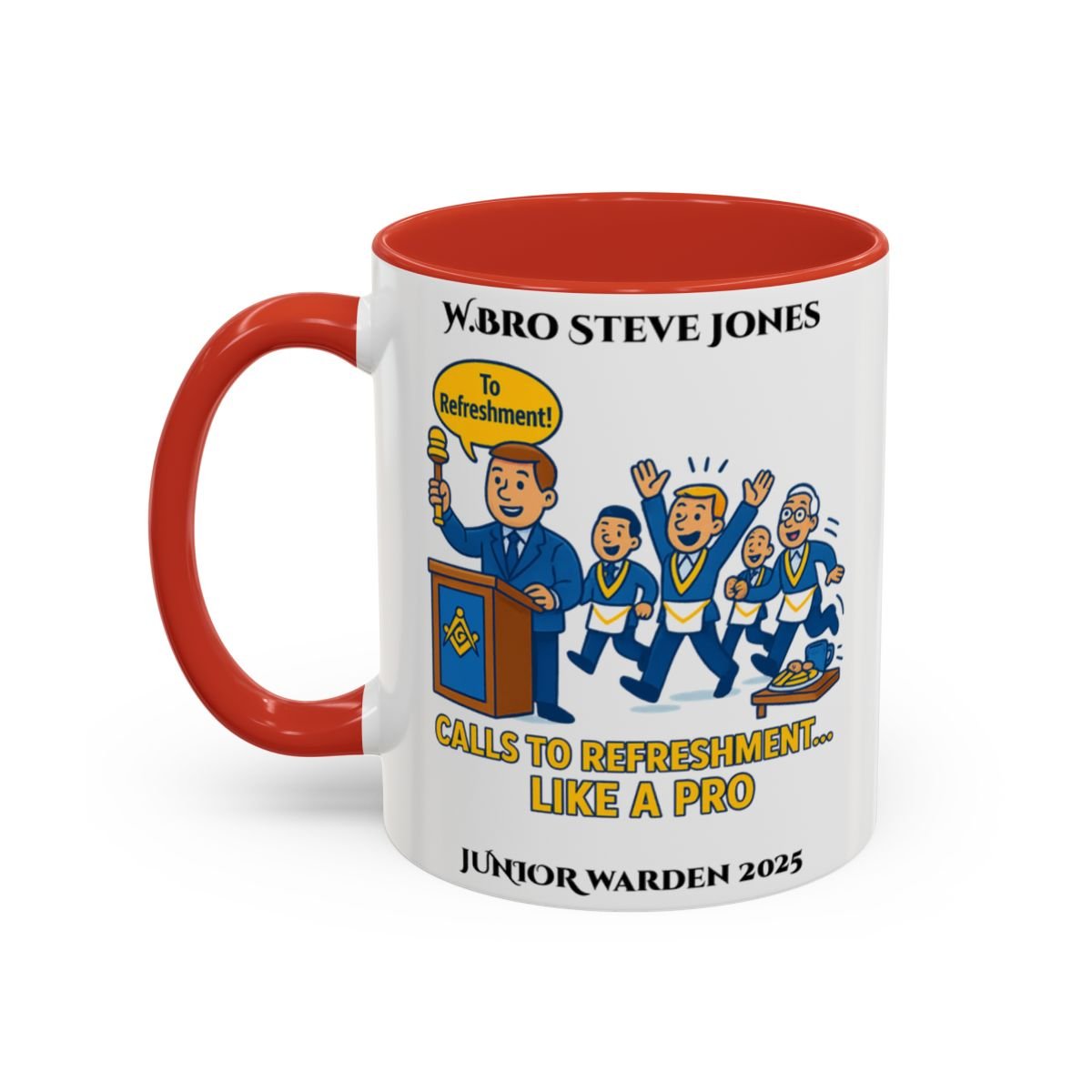 Premium Personalised Freemason Colour Rim Mug - Junior Warden Design - Calls to refreshment like a pro - Masonic Mugs