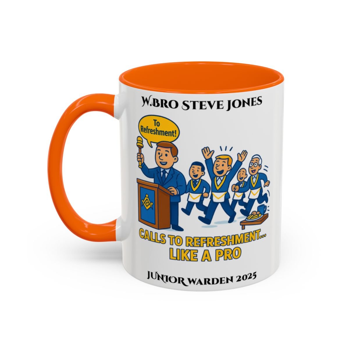 Premium Personalised Freemason Colour Rim Mug - Junior Warden Design - Calls to refreshment like a pro - Masonic Mugs