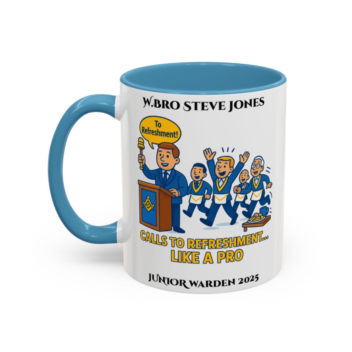 Premium Personalised Freemason Colour Rim Mug - Junior Warden Design - Calls to refreshment like a pro - Masonic Mugs