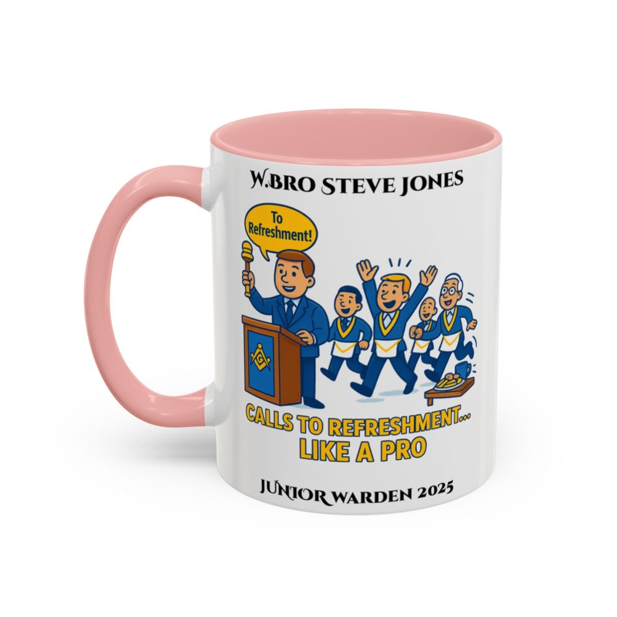 Premium Personalised Freemason Colour Rim Mug - Junior Warden Design - Calls to refreshment like a pro - Masonic Mugs