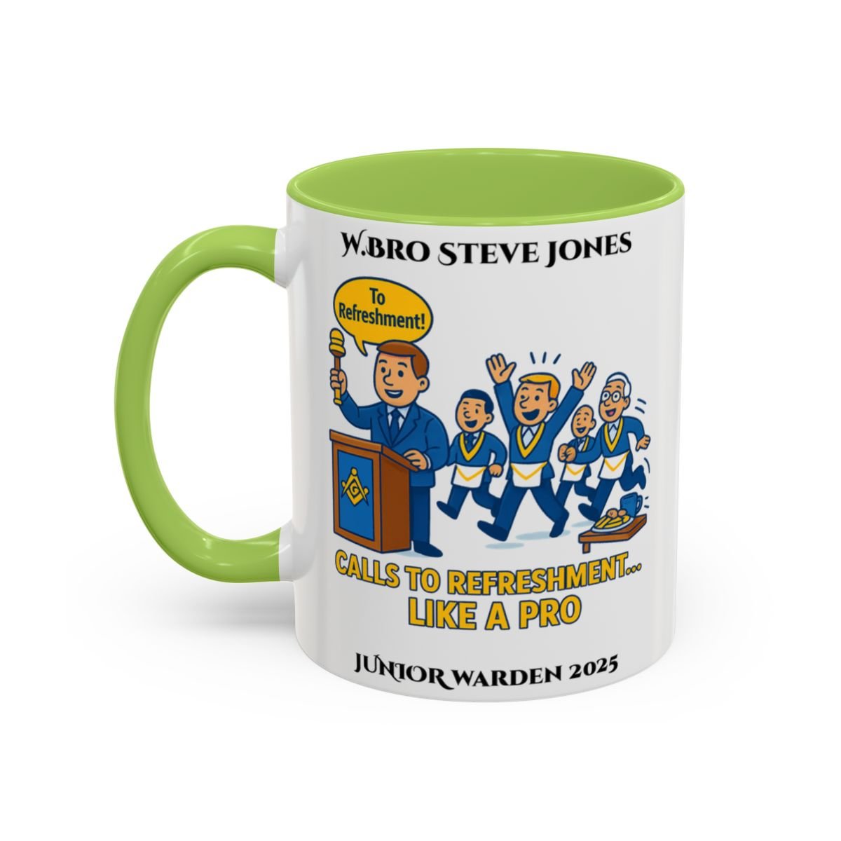 Premium Personalised Freemason Colour Rim Mug - Junior Warden Design - Calls to refreshment like a pro - Masonic Mugs