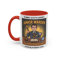 Premium Personalised Freemason Colour Rim Mug - Junior Warden Design - Equal Parts Ritual and Refreshment - Masonic Mugs