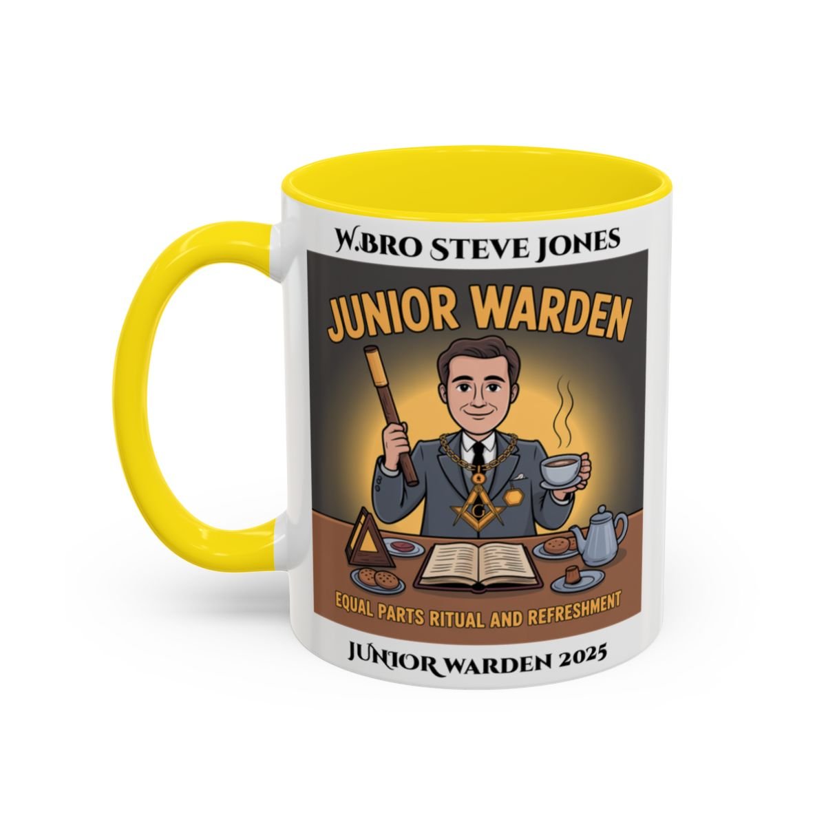 Premium Personalised Freemason Colour Rim Mug - Junior Warden Design - Equal Parts Ritual and Refreshment - Masonic Mugs