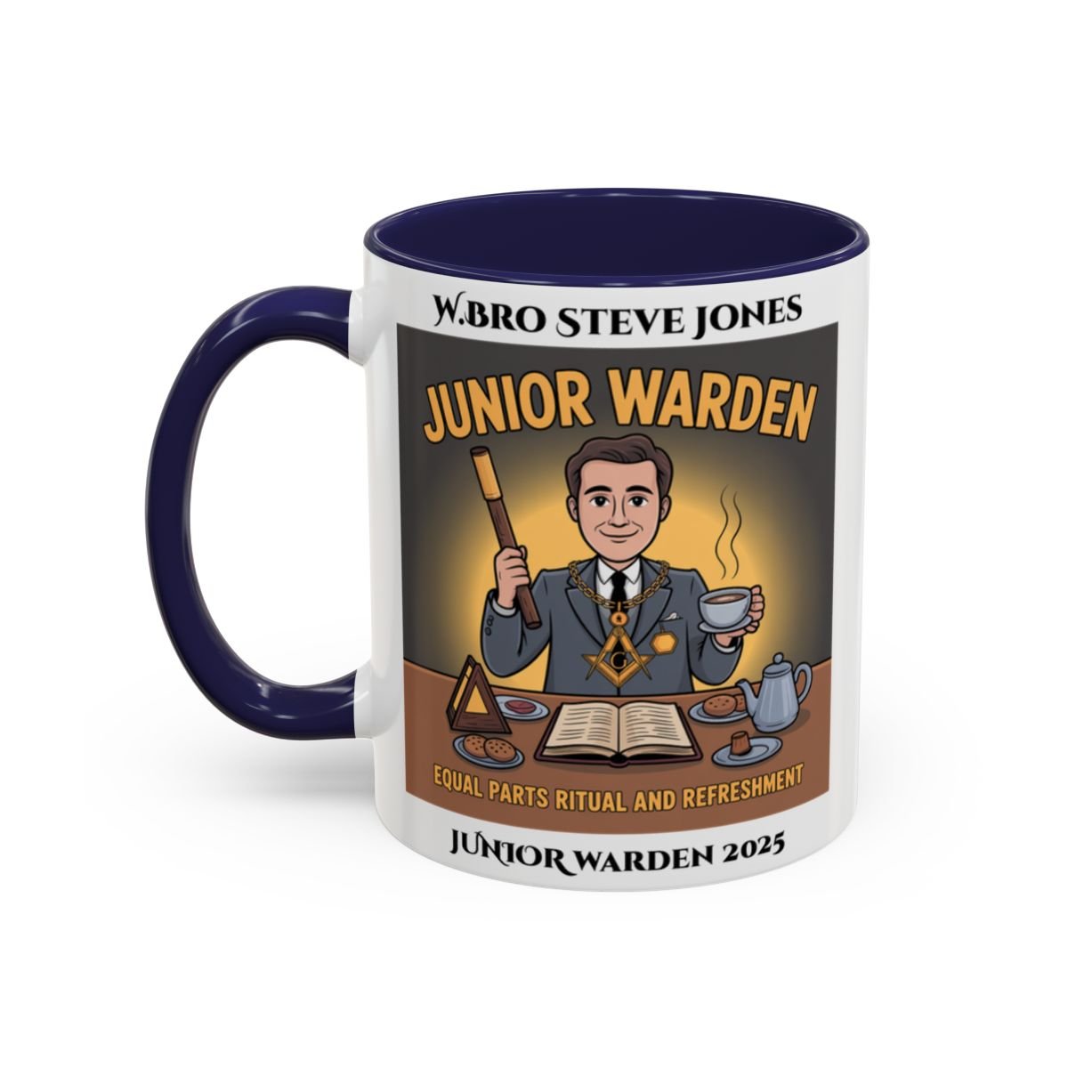 Premium Personalised Freemason Colour Rim Mug - Junior Warden Design - Equal Parts Ritual and Refreshment - Masonic Mugs