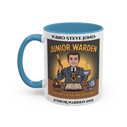 Premium Personalised Freemason Colour Rim Mug - Junior Warden Design - Equal Parts Ritual and Refreshment - Masonic Mugs