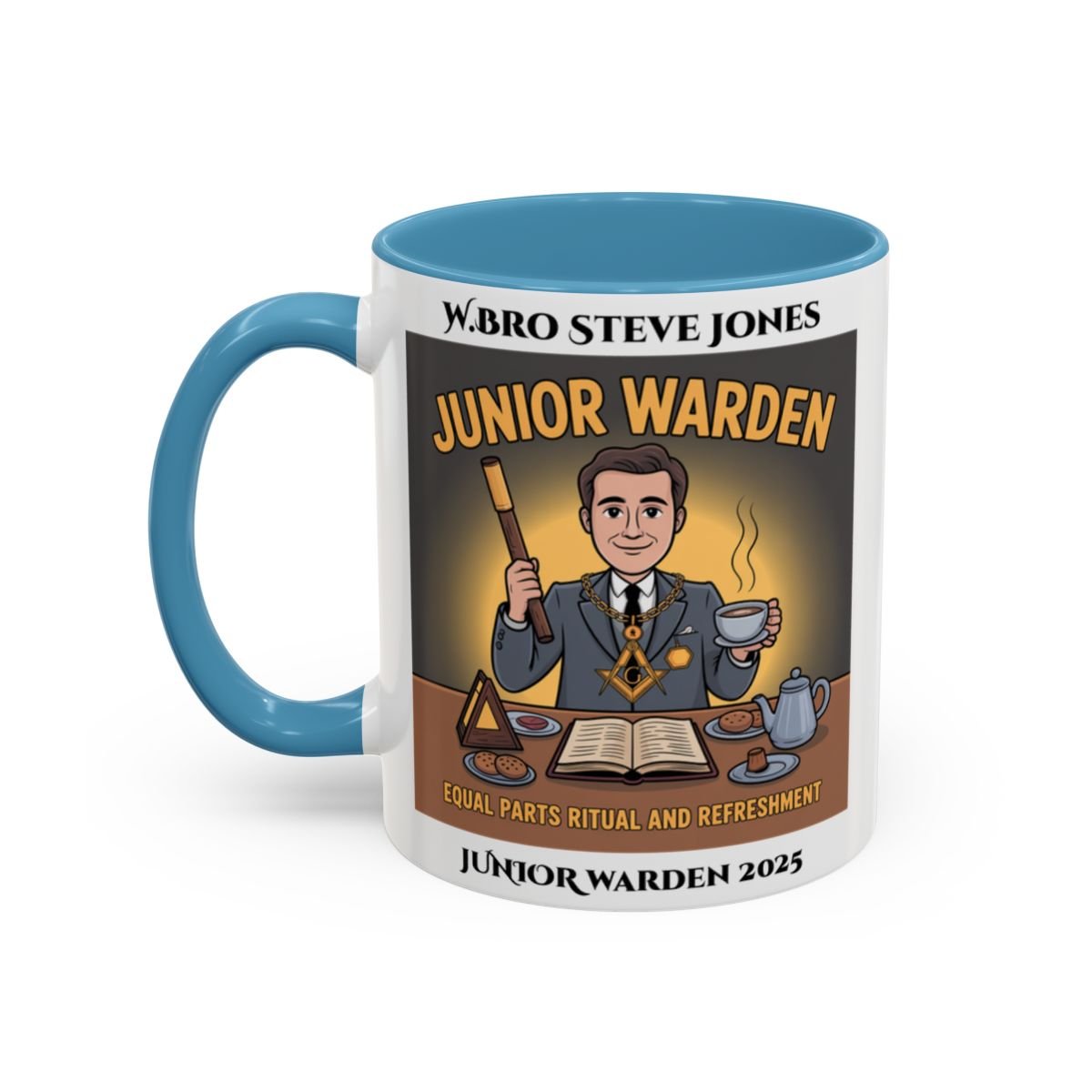 Premium Personalised Freemason Colour Rim Mug - Junior Warden Design - Equal Parts Ritual and Refreshment - Masonic Mugs