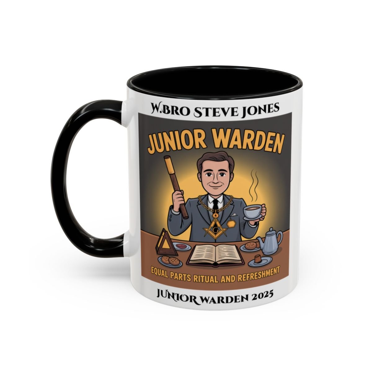 Premium Personalised Freemason Colour Rim Mug - Junior Warden Design - Equal Parts Ritual and Refreshment - Masonic Mugs