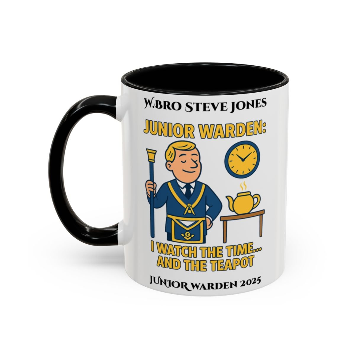 Premium Personalised Freemason Colour Rim Mug - Junior Warden Design - I watch the time and the teapot - Masonic Mugs