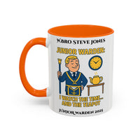 Premium Personalised Freemason Colour Rim Mug - Junior Warden Design - I watch the time and the teapot - Masonic Mugs