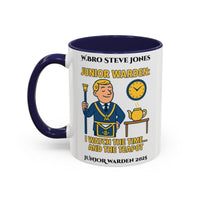 Premium Personalised Freemason Colour Rim Mug - Junior Warden Design - I watch the time and the teapot - Masonic Mugs