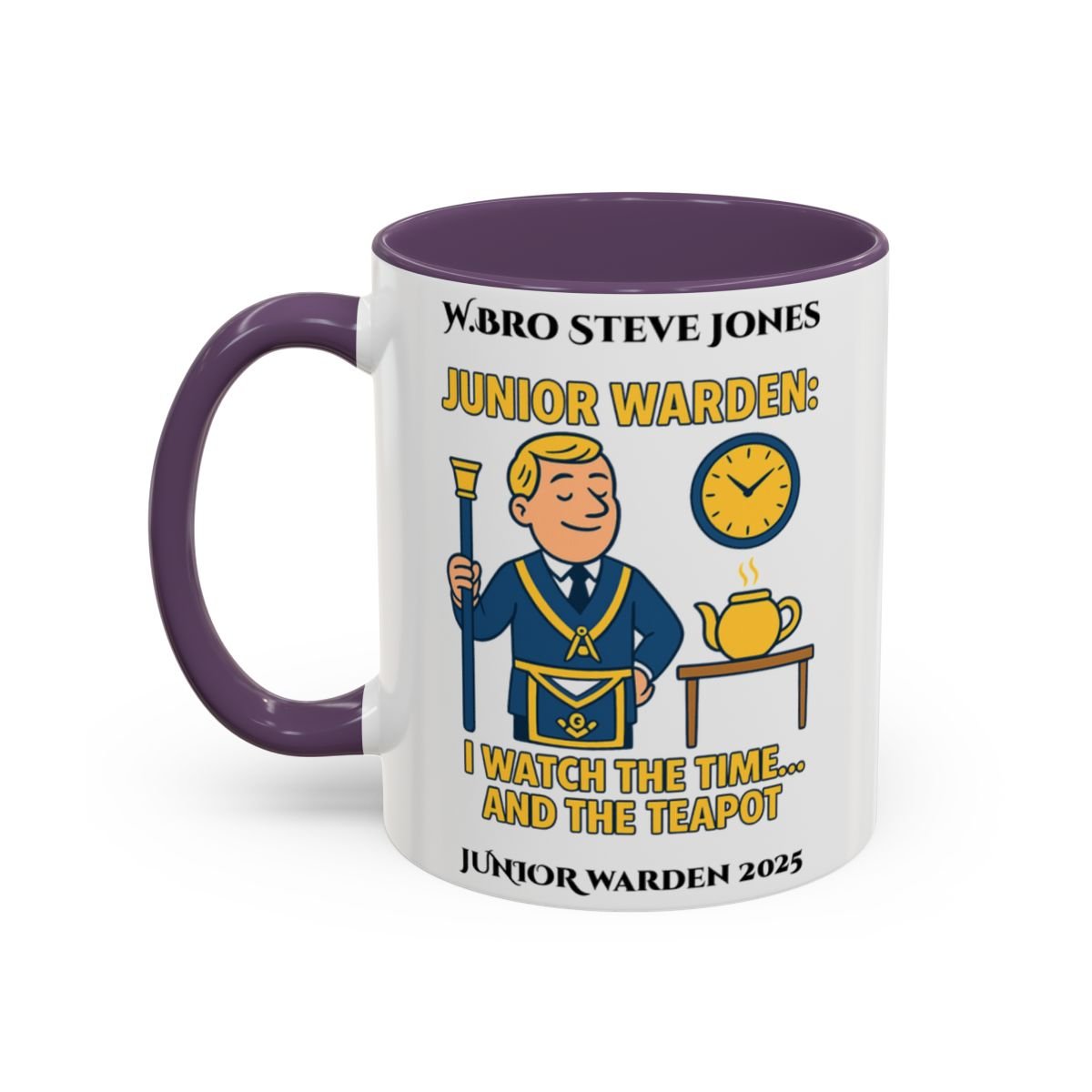 Premium Personalised Freemason Colour Rim Mug - Junior Warden Design - I watch the time and the teapot - Masonic Mugs