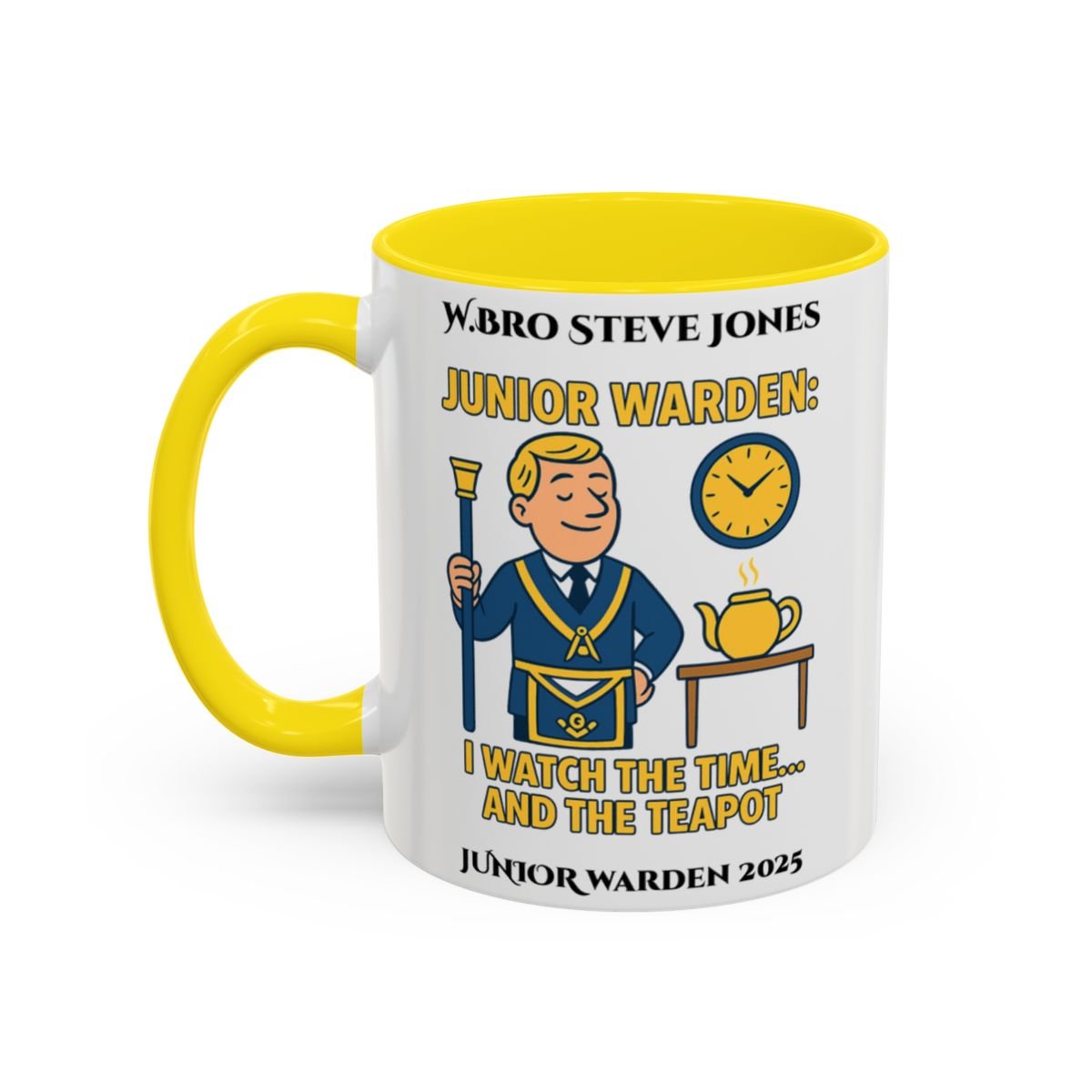 Premium Personalised Freemason Colour Rim Mug - Junior Warden Design - I watch the time and the teapot - Masonic Mugs