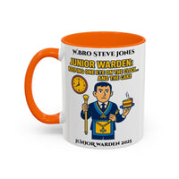 Premium Personalised Freemason Colour Rim Mug - Junior Warden Design - Keeping one eye on the Clock - Masonic Mugs