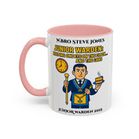 Premium Personalised Freemason Colour Rim Mug - Junior Warden Design - Keeping one eye on the Clock - Masonic Mugs