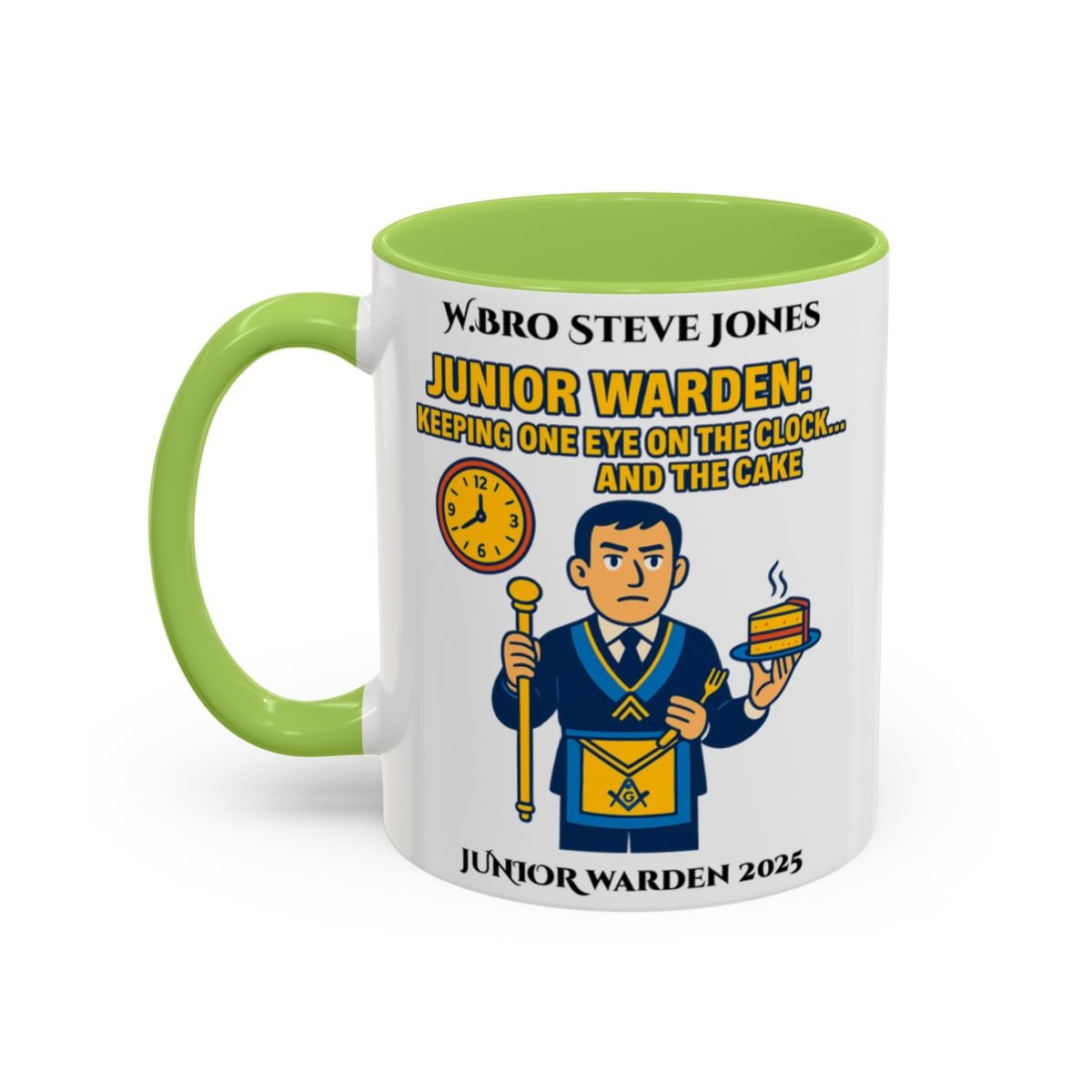 Premium Personalised Freemason Colour Rim Mug - Junior Warden Design - Keeping one eye on the Clock - Masonic Mugs