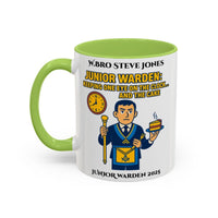 Premium Personalised Freemason Colour Rim Mug - Junior Warden Design - Keeping one eye on the Clock - Masonic Mugs