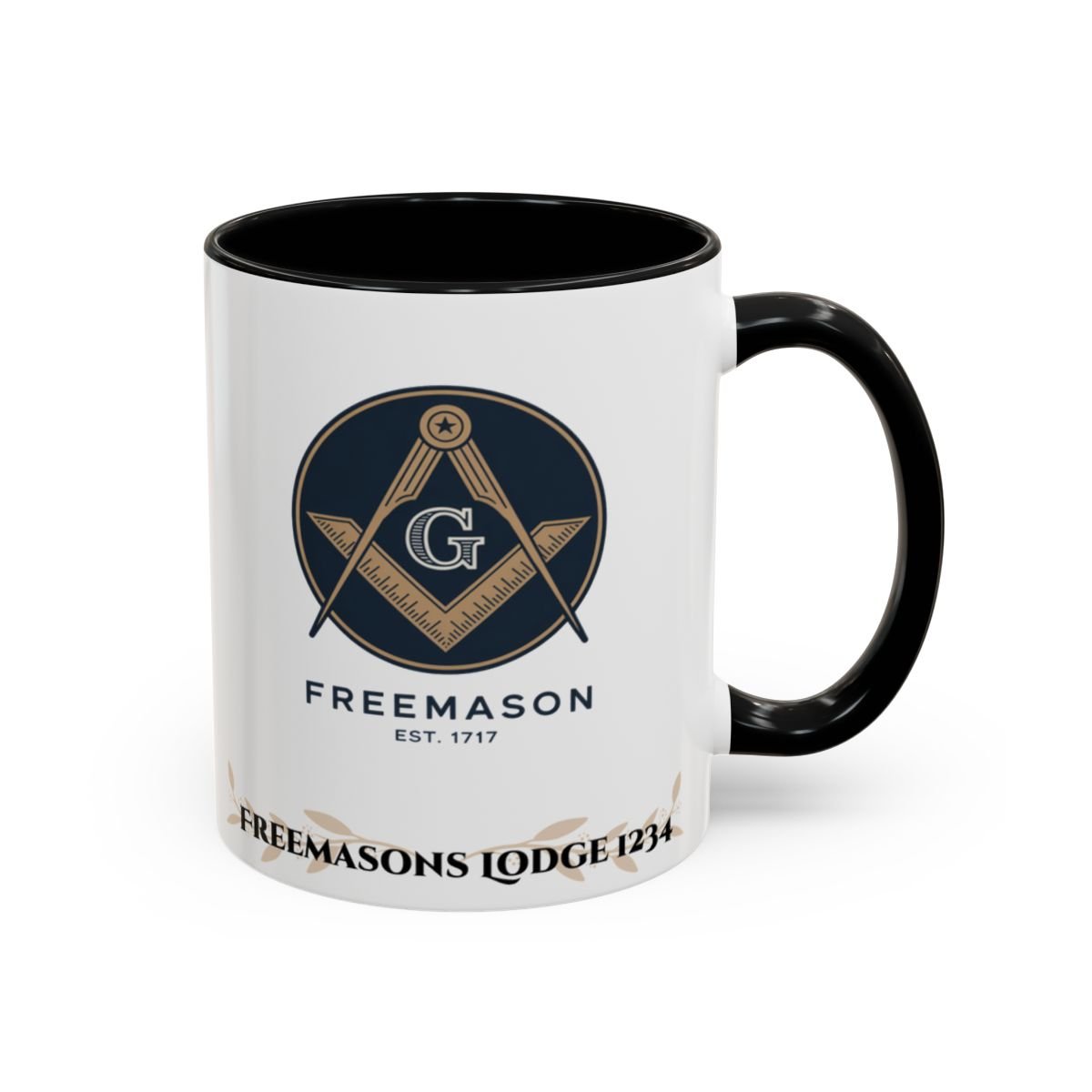 Premium Personalised Freemason Colour Rim Mug - Junior Warden Design - Keeping one eye on the Clock - Masonic Mugs