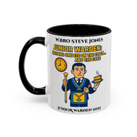 Premium Personalised Freemason Colour Rim Mug - Junior Warden Design - Keeping one eye on the Clock - Masonic Mugs