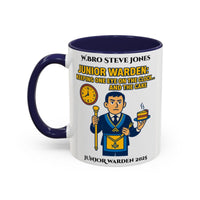 Premium Personalised Freemason Colour Rim Mug - Junior Warden Design - Keeping one eye on the Clock - Masonic Mugs