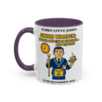 Premium Personalised Freemason Colour Rim Mug - Junior Warden Design - Keeping one eye on the Clock - Masonic Mugs