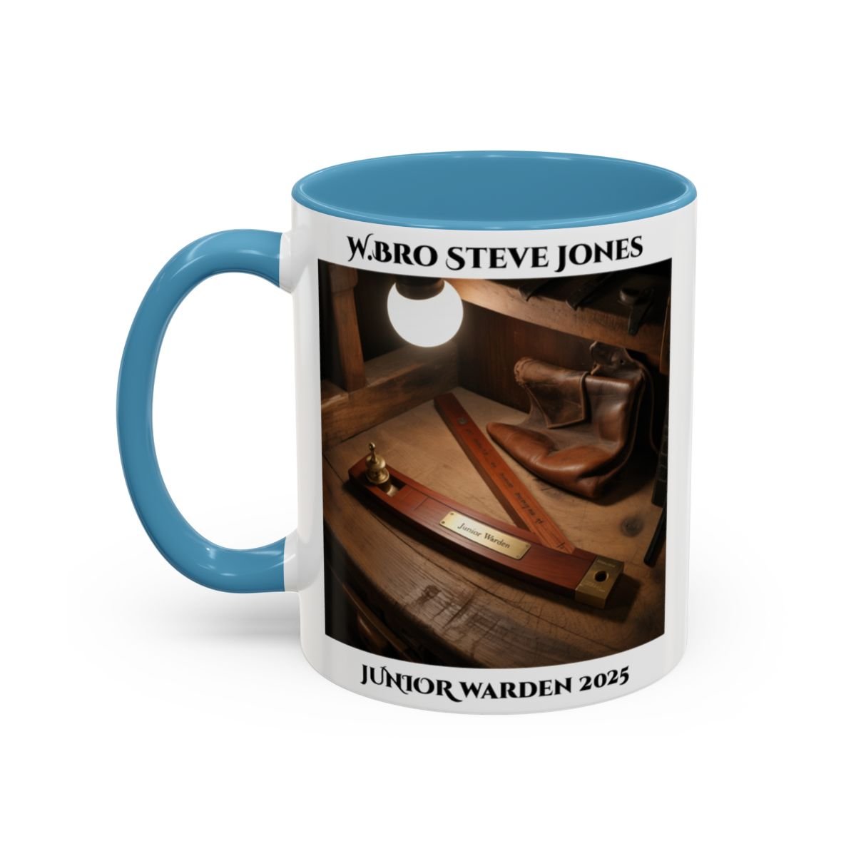 Premium Personalised Freemason Colour Rim Mug - Junior Warden Design - Plumb Rule - Masonic Mugs