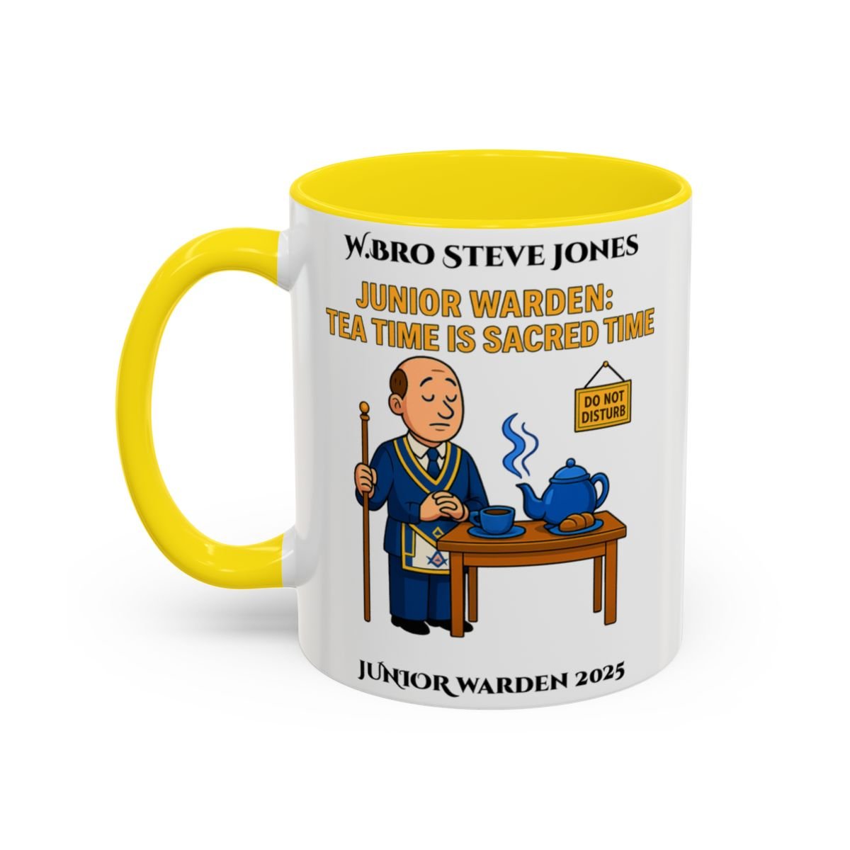 Premium Personalised Freemason Colour Rim Mug - Junior Warden Design - Tea time is sacred time - Masonic Mugs