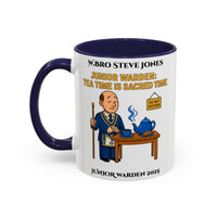 Premium Personalised Freemason Colour Rim Mug - Junior Warden Design - Tea time is sacred time - Masonic Mugs
