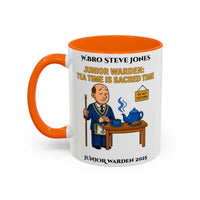 Premium Personalised Freemason Colour Rim Mug - Junior Warden Design - Tea time is sacred time - Masonic Mugs