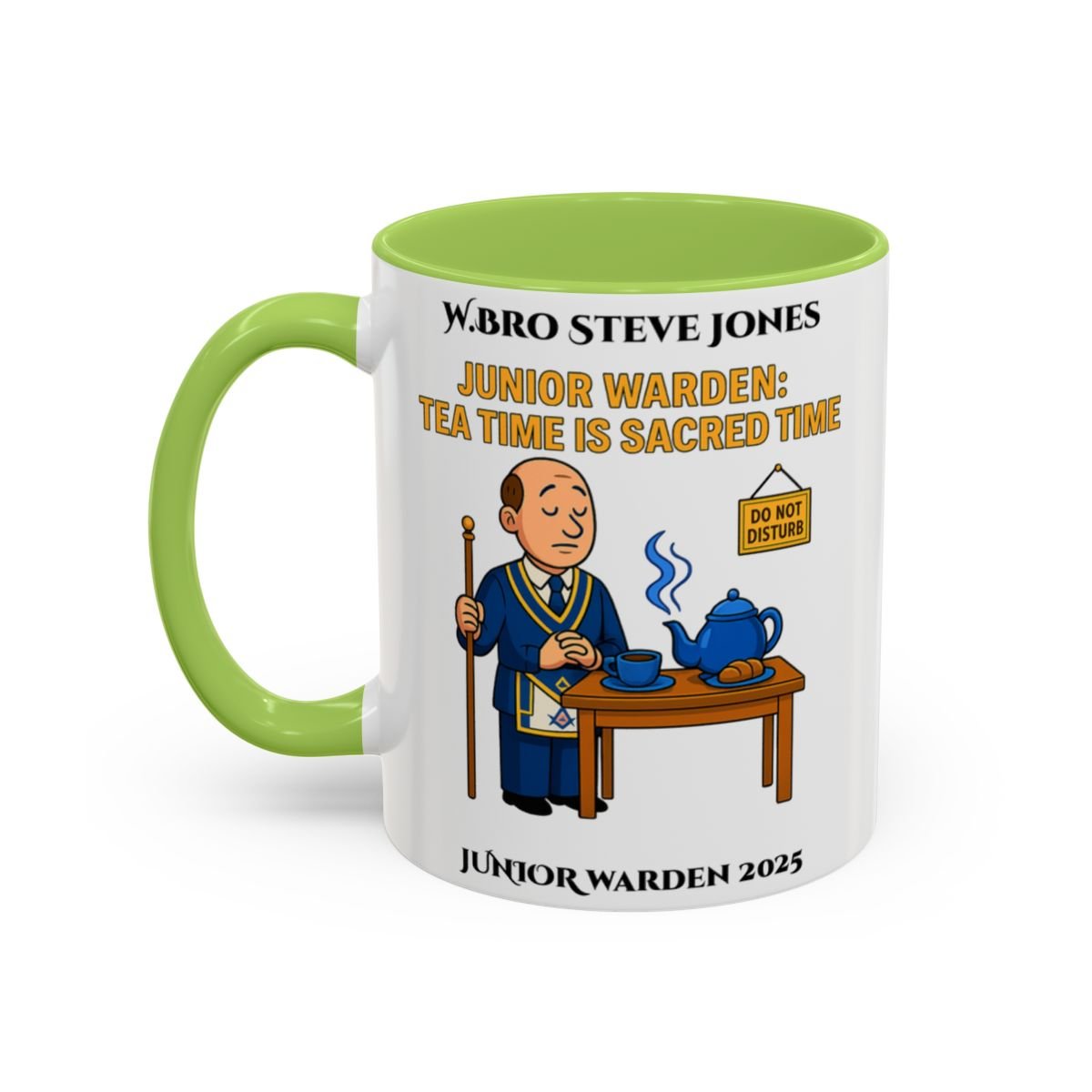 Premium Personalised Freemason Colour Rim Mug - Junior Warden Design - Tea time is sacred time - Masonic Mugs