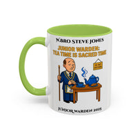 Premium Personalised Freemason Colour Rim Mug - Junior Warden Design - Tea time is sacred time - Masonic Mugs