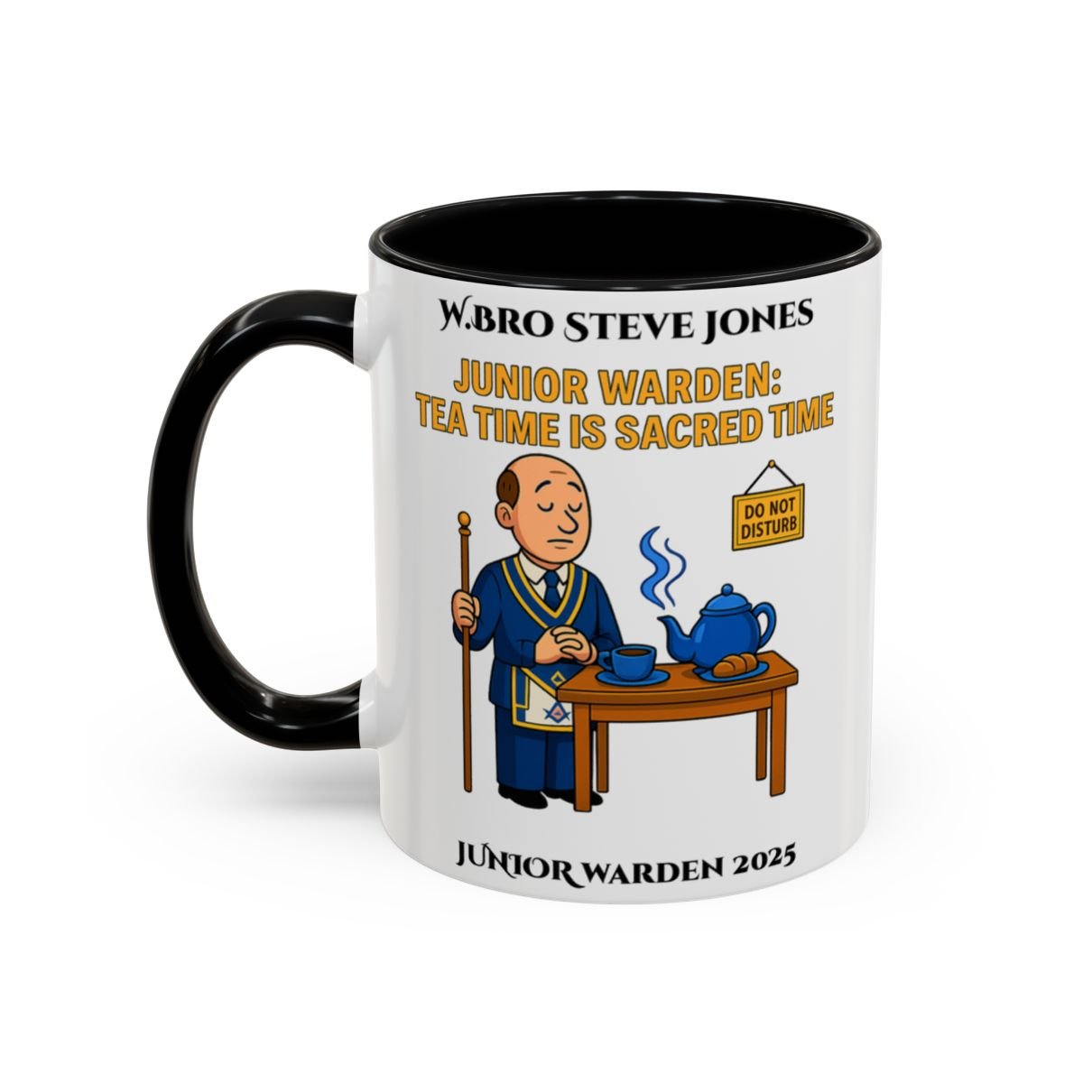 Premium Personalised Freemason Colour Rim Mug - Junior Warden Design - Tea time is sacred time - Masonic Mugs