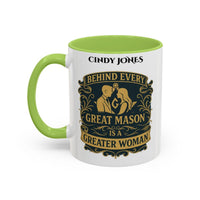 Premium Personalised Freemason Colour Rim Mug - Ladies Night Design - Behind Every Great Mason is a Greater Woman - Masonic Mugs